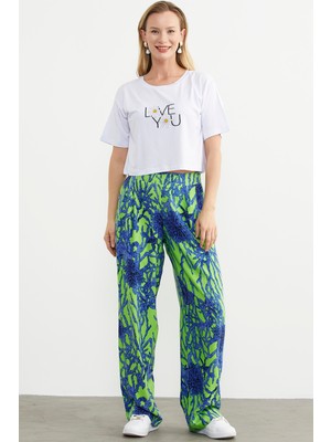 Sementa Oversize Baskılı Crop Tişört - Beyaz