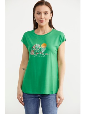 Sementa Düşük Kol Baskılı Viskon Tişört - Yeşil