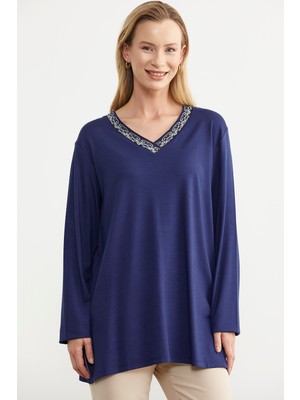 Sementa Yaka Detaylı Uzun Kol Tişört - Indigo