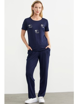 Sementa Palmiye Nakışlı Dökümlü Penye Takım - Lacivert