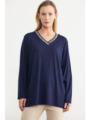 Sementa Yaka Detaylı Uzun Kol Tişört - Lacivert