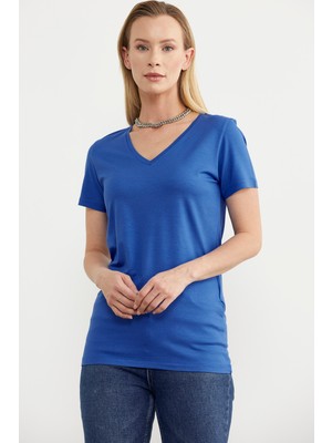 Sementa V Yaka  Dökümlü Basic Tişört - Saks