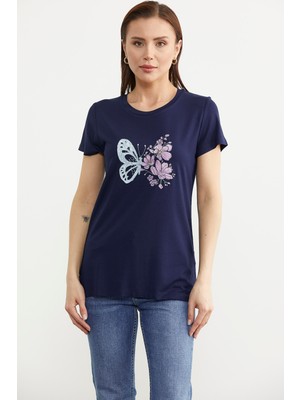 Sementa Kelebek Baskılı Basic Tişört - Lacivert