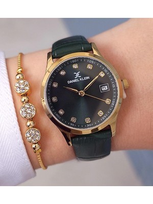 Daniel Klein Yeşil Deri Kayışlı Takvimli Kadın Kol Saati, Taşlı Bileklik Hediyeli