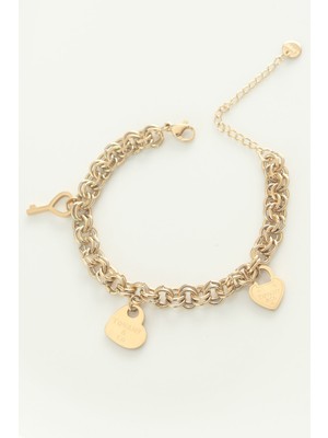 Clariss 316L Çelik Kalp Aksesuarlı Gold Renk Sarmal Zincir Bileklik