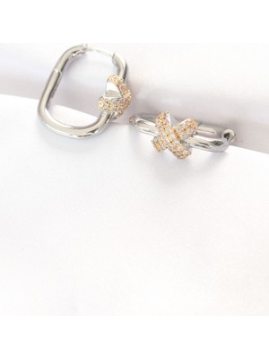 Clariss Pirinç Çift Renk Taşlı x Tasarımlı Dikdörtgen Küpe