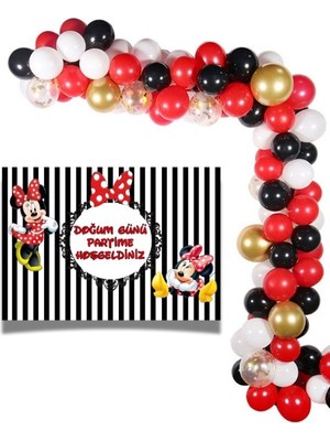 Parti Furyası Minnie Mouse 100X140 cm Afiş ve 50  adet Balon Seti Doğum Günü Parti Süsleri