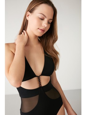 Kom Hafif Toparlayıcı Boncuk Detaylı V Yaka Madera Mayo