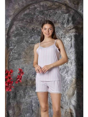CharMe Pembe Dantel Detaylı Ip Askı Şortlu Milan Kadın Pijama Takımı