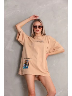 Stock Mount Unisex Bisiklet Yaka Baskılı Oversize T-Shirt - Bej