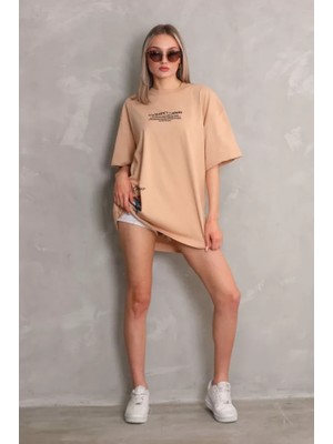 Stock Mount Unisex Bisiklet Yaka Baskılı Oversize T-Shirt - Bej