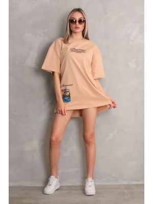 Stock Mount Unisex Bisiklet Yaka Baskılı Oversize T-Shirt - Bej