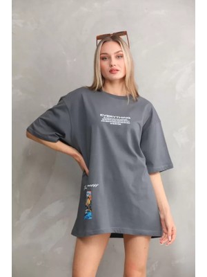 Stock Mount Unisex Bisiklet Yaka Baskılı Oversize T-Shirt - Gri