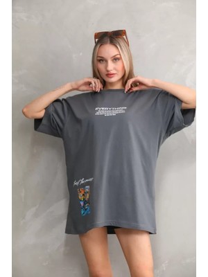 Stock Mount Unisex Bisiklet Yaka Baskılı Oversize T-Shirt - Gri