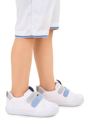 Kiko Kids Textile Erkek Bebek Spor Ayakkabı Cırtlı Düz Taban Beyaz - Mavi Günlük Kullanım İçin