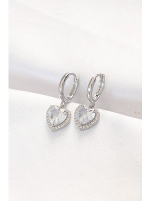 Shopzum 316L Çelik Gümüş Renk Taşlı Minimal Kalp Küpe