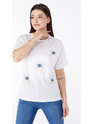 Tofisa Düz Bisiklet Yaka Kadın Beyaz Baskılı T-Shirt - 25461