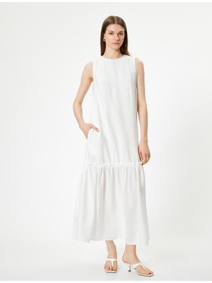 Koton Kolsuz Uzun Elbise Astarlı Etek Uçları Fırfırlı Bisiklet Yaka Viskoz Kumaş