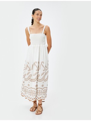 Koton Fisto Elbise Askılı Midi Boy Gipe Detaylı Astarlı Pamuklu