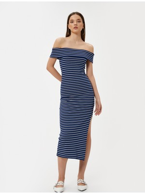 Koton Madonna Yaka Kalem Elbise Midi Boy Yırtmaç Detaylı Slim Fit