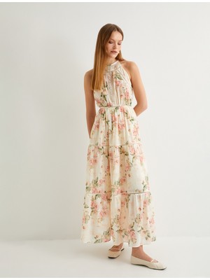 Koton Çiçekli Uzun Elbise Halter Yaka Volanlı Pamuklu