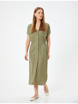 Koton Midi Gömlek Elbise Kısa Kollu V Yaka Beli Lastikli Cep Detaylı