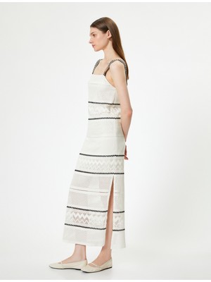 Koton Uzun Kroşe Elbise Astarlı Kalın Askılı Yırtmaç Detaylı Renk Kontrastlı