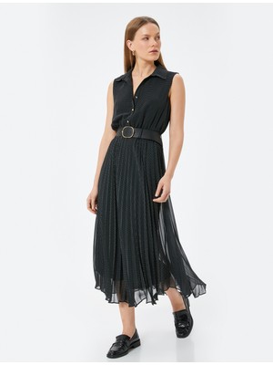 Koton Puantiyeli Pileli Midi Şifon Elbise Kolsuz Tül Etek Detaylı Düğmeli Kemerli