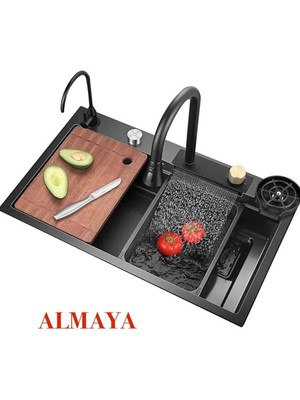 Almaya Tools Tezgah Üstten Bataryalı Akıllı Teknolojik 75*45 304 Paslanmaz Inox Eviye Seti 1 Milim