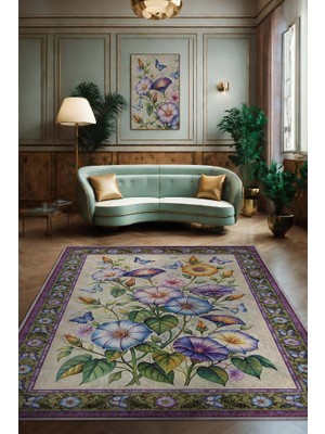 Homshtag Art Deco Gündüz Sefası Vintage Halı Görünümlü Dijital Baskı Renkli Halı Rustik Çiçekli Halı