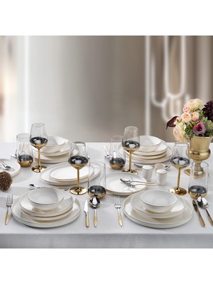 Schafer Adel Gold 56 Parça Beyaz Porselen Yemek Takımı 12 Kişilik Zarif Tasarım