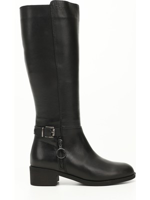 Gönderi® Kadın Siyah Fermuarlı Kalın Topuklu Hakiki Deri Çizme