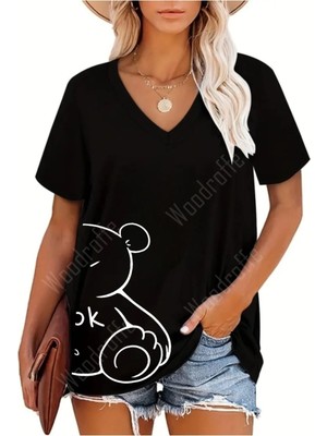 Woodroffe Kadın V Yaka Salaş Ayıcık Baskılı Oversize Boyfriend T-Shirt
