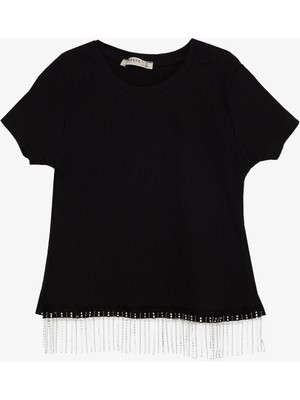 Breeze Kız Çocuk Tişört Taş Püsküllü 9-14 Yaş, Siyah