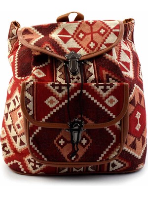 Bambi Bej Kırmızı Kumaş   Kadın Sırt Çantası C06487060404