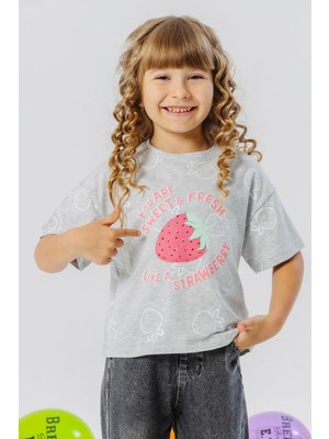 Breeze Kız Çocuk Tişört Crop Çilek & Yazı Baskılı 6-12 Yaş, Açık Gri Melanj