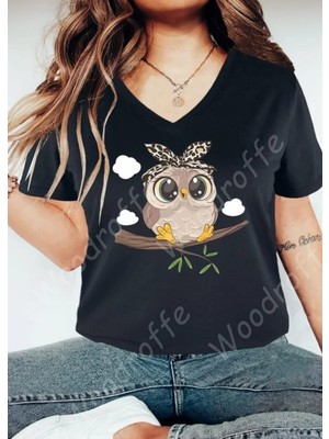 Woodroffe Kadın V Yaka Salaş Baykuş Baskılı Oversize Boyfriend T-Shirt