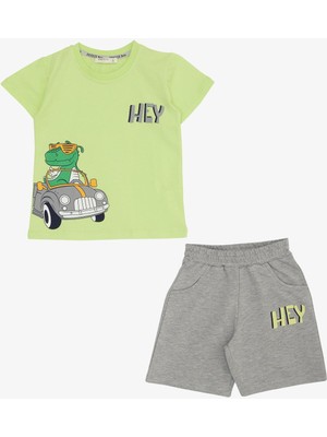 Breeze Erkek Çocuk Şortlu Takım Araba Kullanan Havalı Dinozor Baskılı 1.5-5 Yaş, Fıstık Yeşili