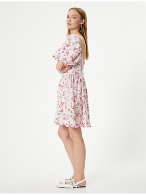 Koton Çiçekli Balon Kol Keten Elbise Mini Boy Kalp Yaka