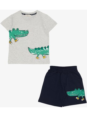 Breeze Erkek Çocuk Şortlu Takım Ayakkabı Giymiş Timsahcık Baskılı 2-6 Yaş, Açık Gri Melanj