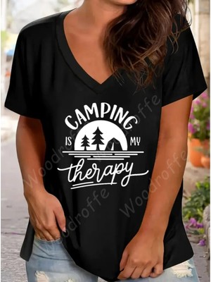 Woodroffe Kadın V Yaka Salaş Camping Baskılı Oversize Boyfriend T-Shirt