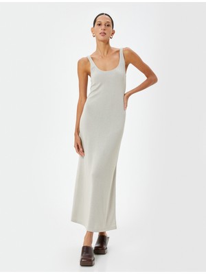 Koton Maksi Kalem Elbise Kalın Askılı U Yaka Dokulu Viskon Kumaş Karışımlı