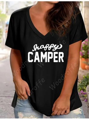 Woodroffe Kadın V Yaka Salaş Happy Camber Baskılı Oversize Boyfriend T-Shirt