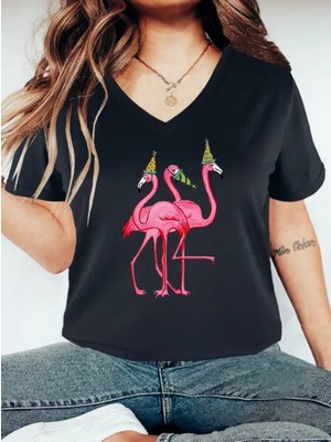 Woodroffe Kadın V Yaka Salaş Flamingo Baskılı Oversize Boyfriend T-Shirt