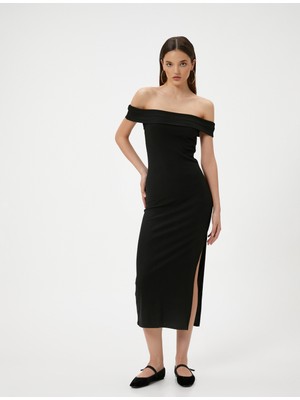 Koton Madonna Yaka Kalem Elbise Midi Boy Yırtmaç Detaylı Slim Fit