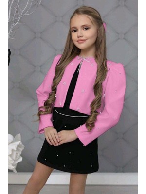 Riccotarz Kız Çocuk Üzeri Taş Işlemeli Etek Askılı Penye Bluz ve Pembe Blazer Ceket Etekli Takım