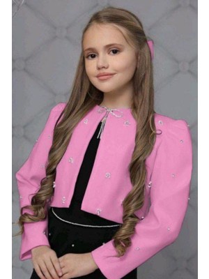 Riccotarz Kız Çocuk Üzeri Taş Işlemeli Etek Askılı Penye Bluz ve Pembe Blazer Ceket Etekli Takım