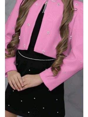 Riccotarz Kız Çocuk Üzeri Taş Işlemeli Etek Askılı Penye Bluz ve Pembe Blazer Ceket Etekli Takım