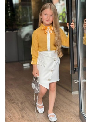 Riccotarz Kız Çocuk Yakası Fiyonk ve Şerit Detaylı Kehribar Gömlek Asimetrik Kesim Etekli Takım