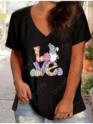 Woodroffe Kadın V Yaka Salaş Love Baskılı Oversize Boyfriend T-Shirt